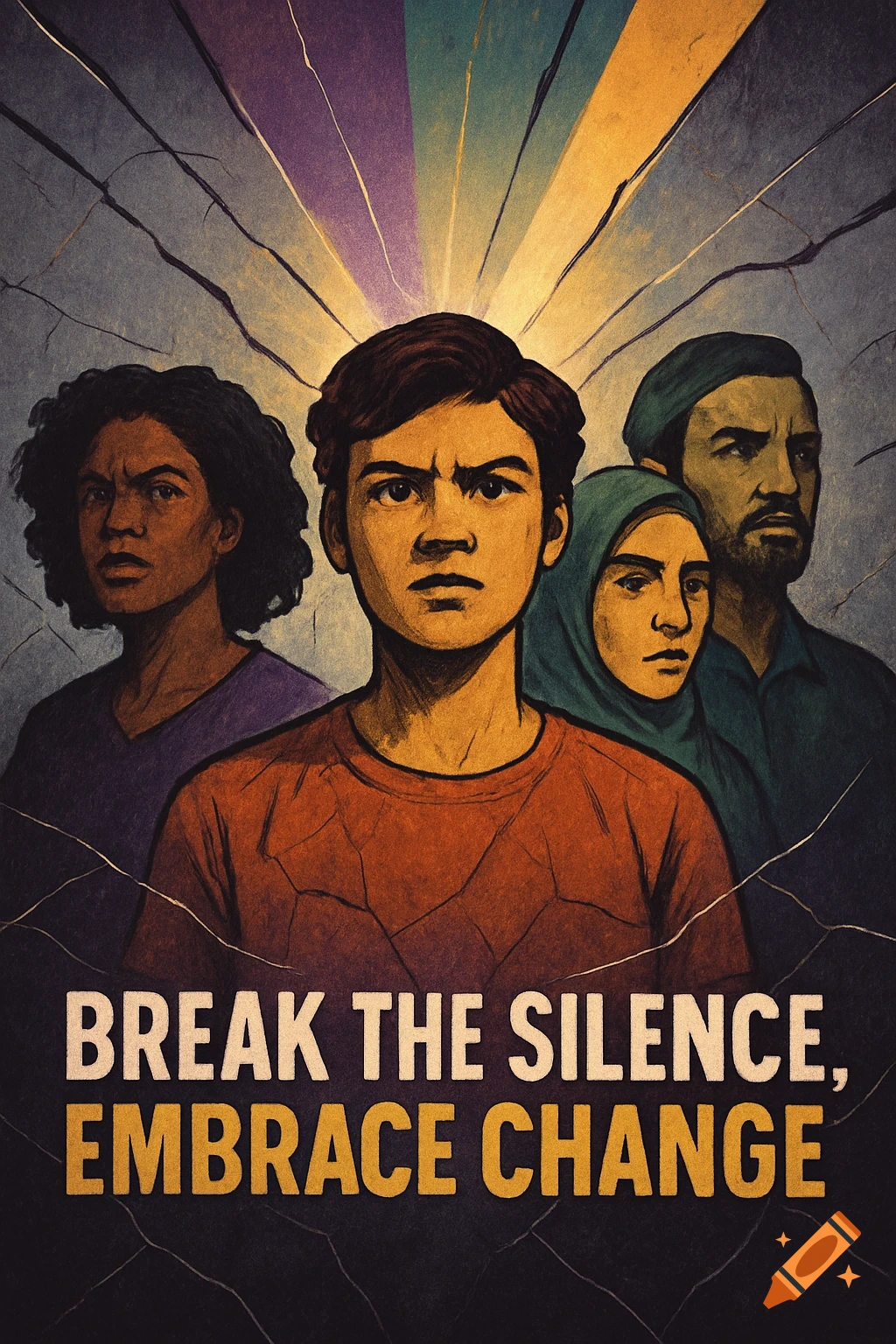 A graphic poster depicts a diverse group of four people with serious expressions under a rainbow of light rays, above the text 'BREAK THE SILENCE, EMBRACE CHANGE'.