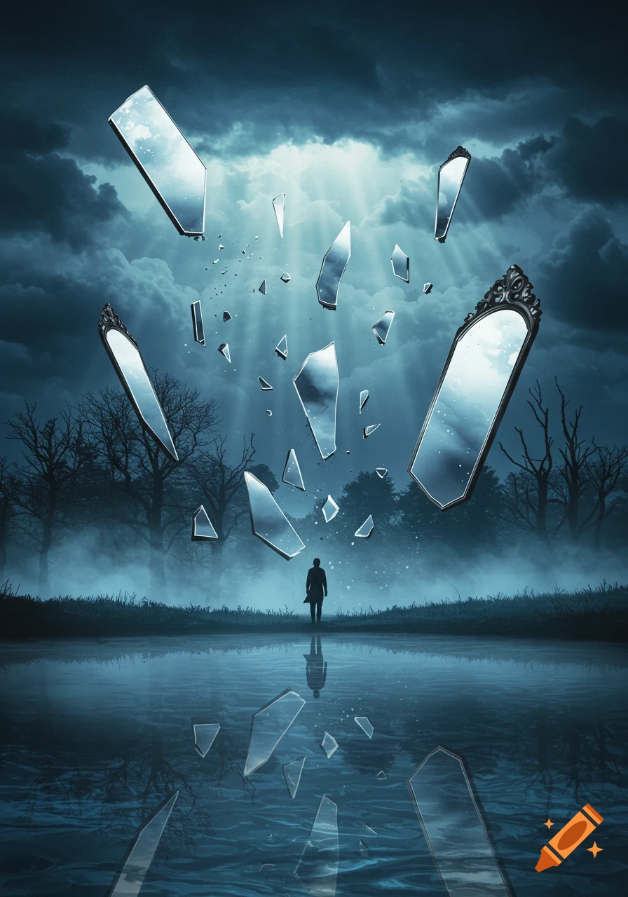 A silhouetted figure stands by a reflective lake under a dramatic sky, surrounded by floating broken mirror shards and an ornate mirror frame.