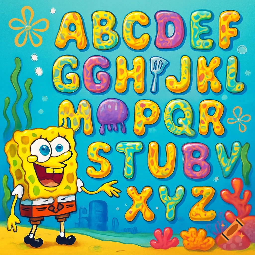 SpongeBob SquarePants stands next to a vibrant, bubbly alphabet from A to Z in an underwater cartoon setting.