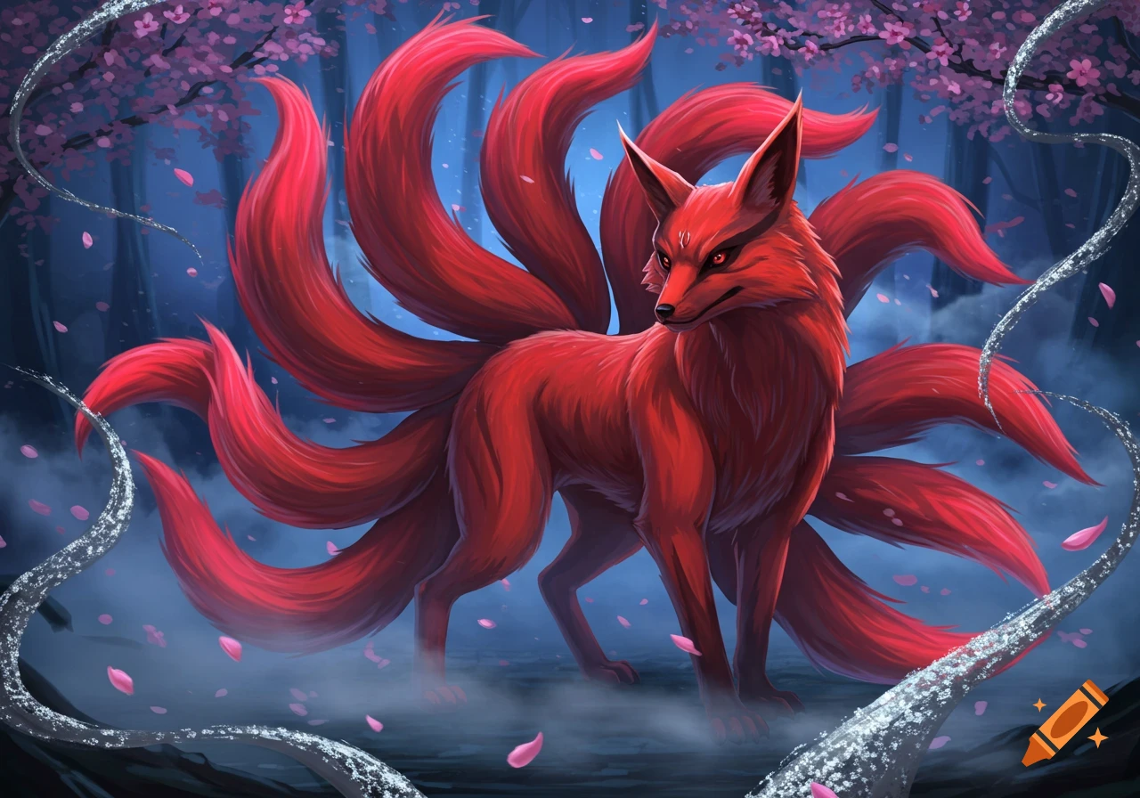 A striking red nine-tailed fox with glowing red eyes stands in a misty, dark fantasy forest with pink cherry blossoms.