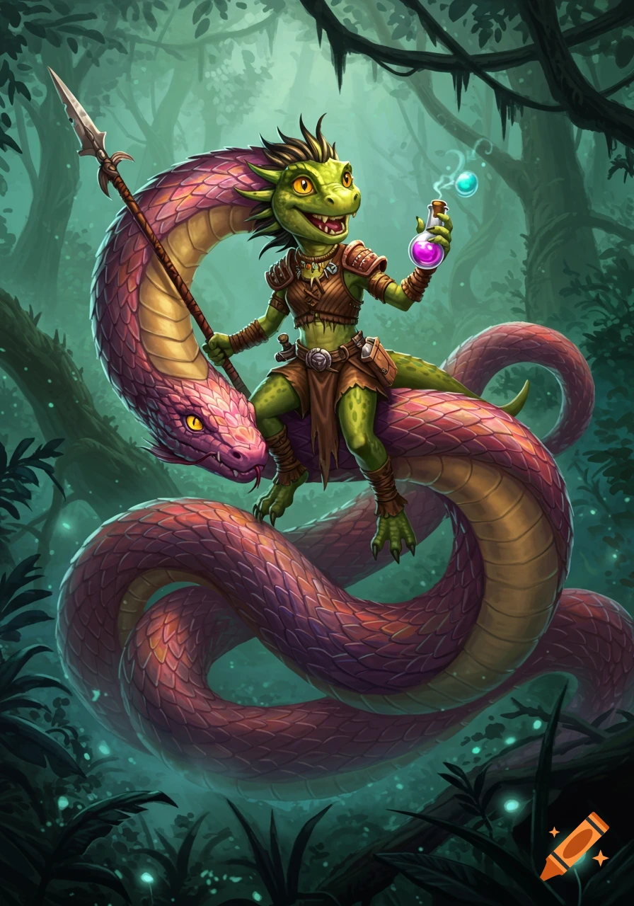 Vibrant fantasy illustration of a green lizard warrior riding a large pink snake, holding a spear and a glowing vial in a dark forest.
