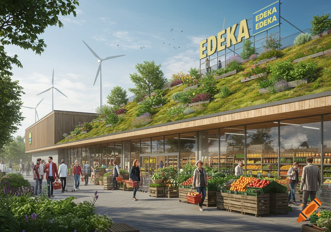 A modern EDEKA supermarket with a green roof, people shopping for produce, and wind turbines, in a sunny photorealistic style.
