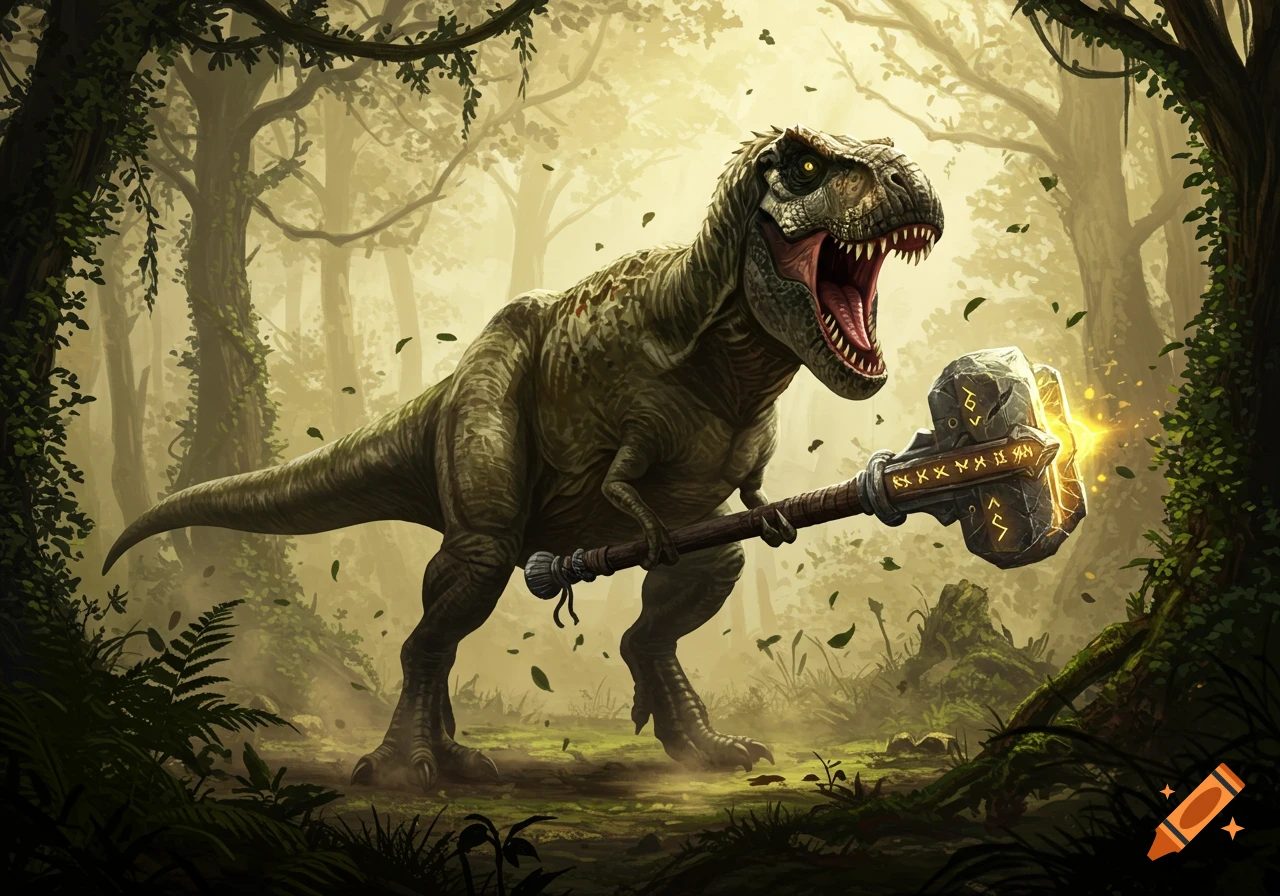 A Tyrannosaurus Rex holds a glowing, runic mace in a misty, vine-covered jungle, in a detailed fantasy art style.