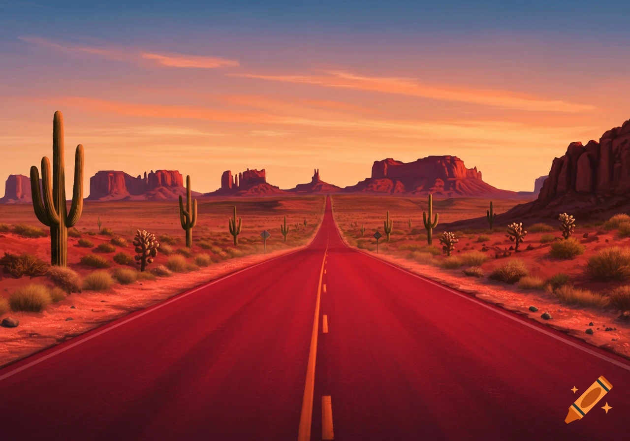 A vibrant red road extends through a desert with saguaro cacti and red mesas under an orange and blue sunset sky.
