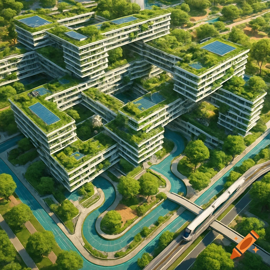 Bird's-eye view of a modern sustainable city with green-roofed, stacked buildings, winding water features, lush parks, and a monorail.