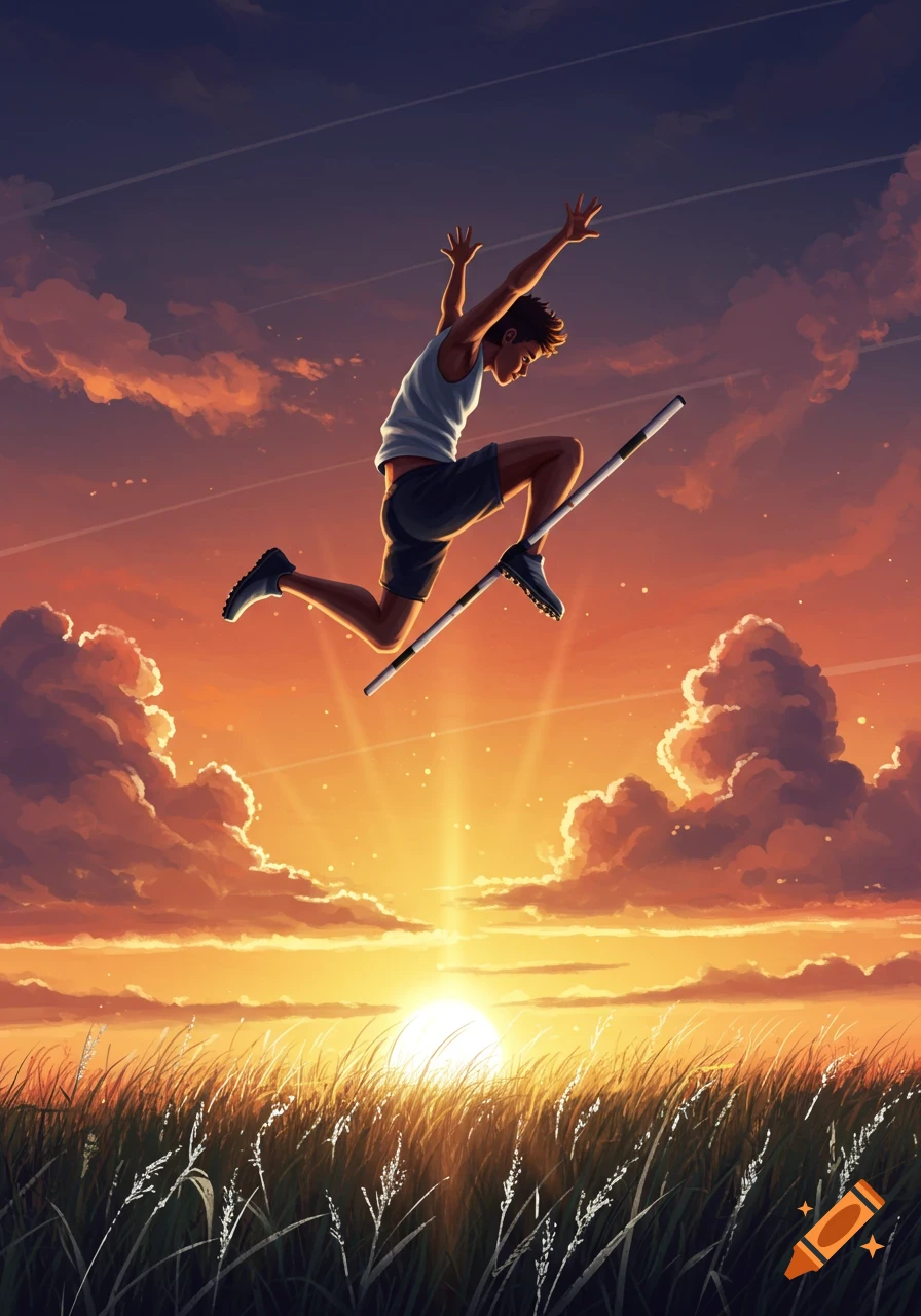 A stylized illustration of a person jumping over a pole against a vibrant orange and purple sunset with tall grass.