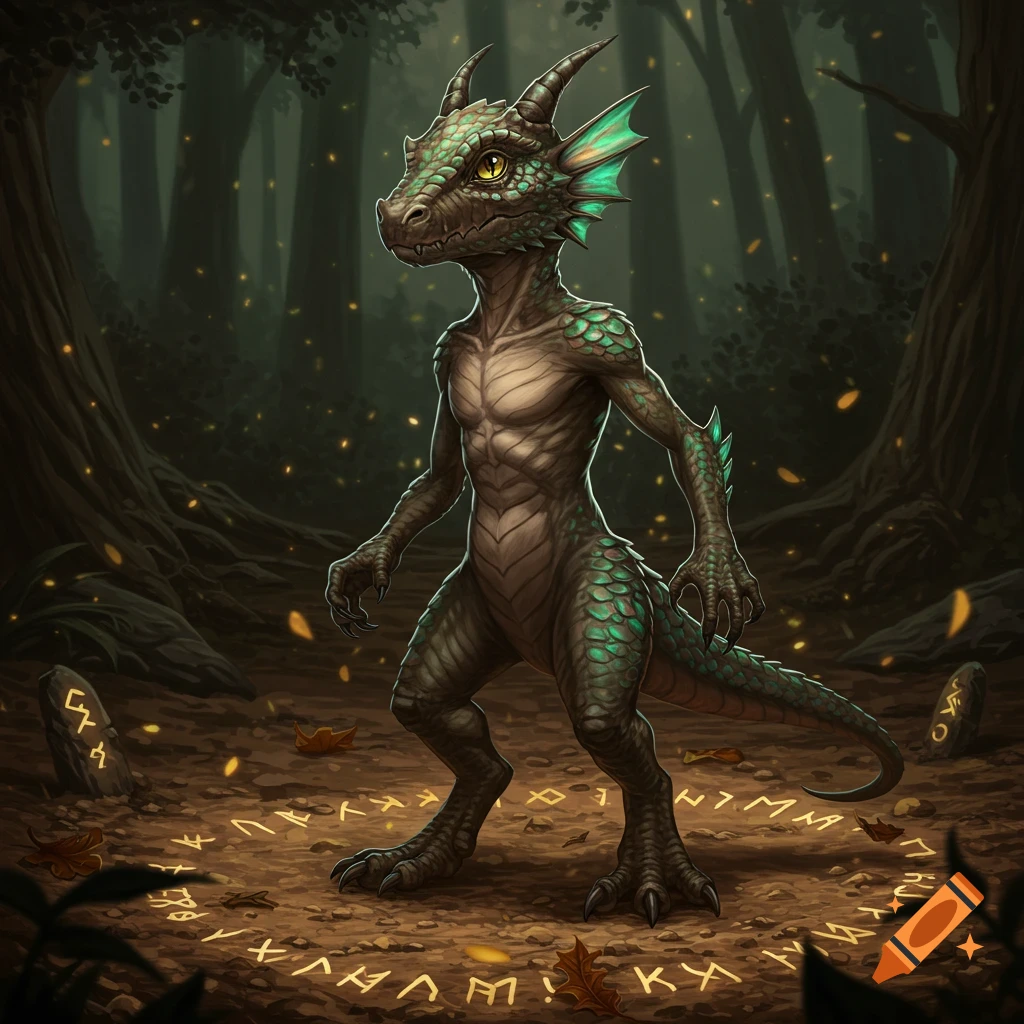 A green-scaled, bipedal dragon-like creature stands in a dark forest clearing, surrounded by glowing runes on the ground.
