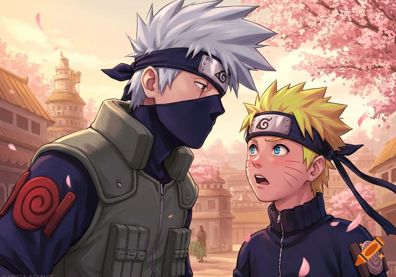 Anime style art of Kakashi looking at Naruto in a cherry blossom-filled village.