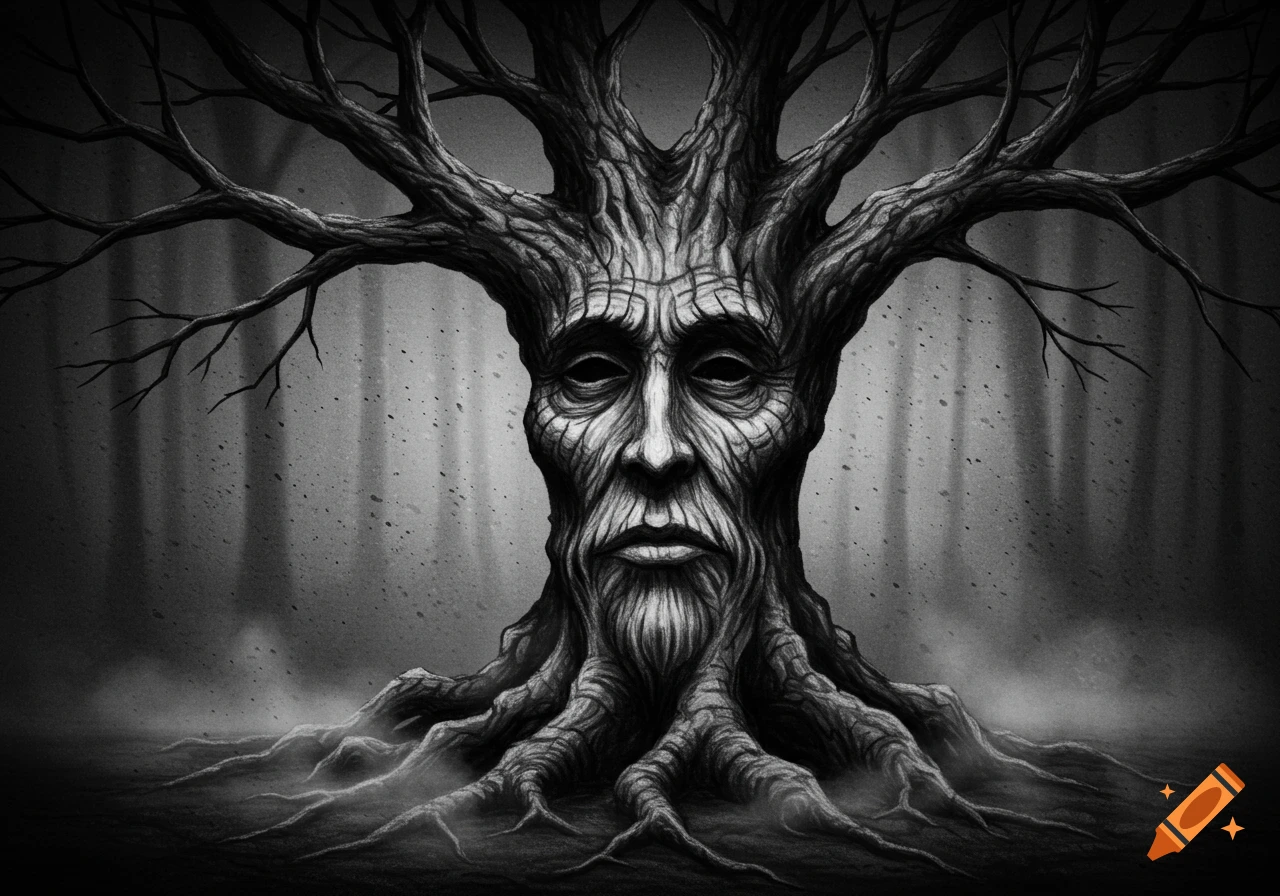 A somber, old man's face formed by the trunk and branches of a dark, gnarled tree, in a grayscale charcoal art style.