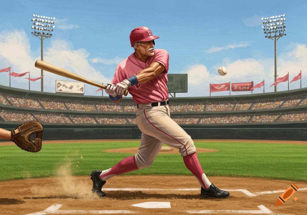 An illustration of a baseball player in a pink uniform hitting a ball on a sunny day in a stadium.