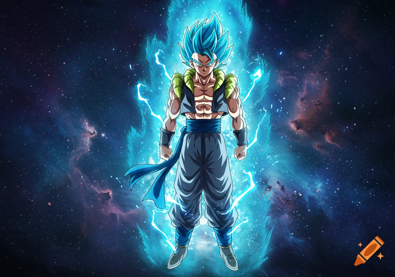 A powerful anime character with blue spiky hair and an aura of blue energy stands against a vibrant cosmic background.