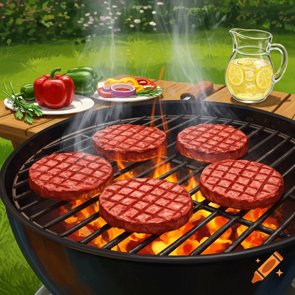 Illustration of five hamburger patties grilling over flames with smoke rising, bell peppers, and a pitcher of lemonade on a table outdoors.