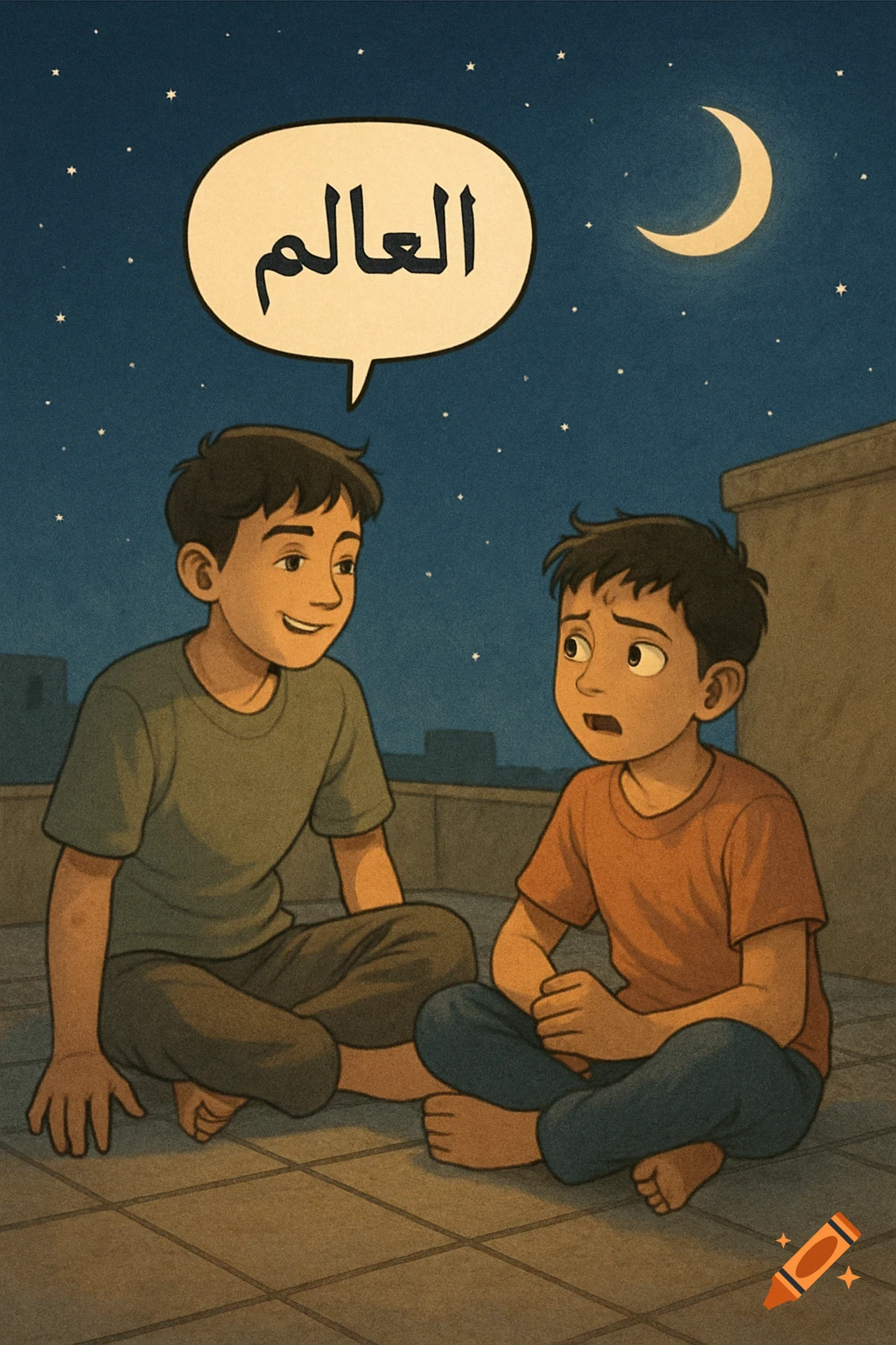 Cartoon illustration of two boys sitting on a rooftop at night. One smiles with a speech bubble saying " العالم " (The World), the other looks worried.
