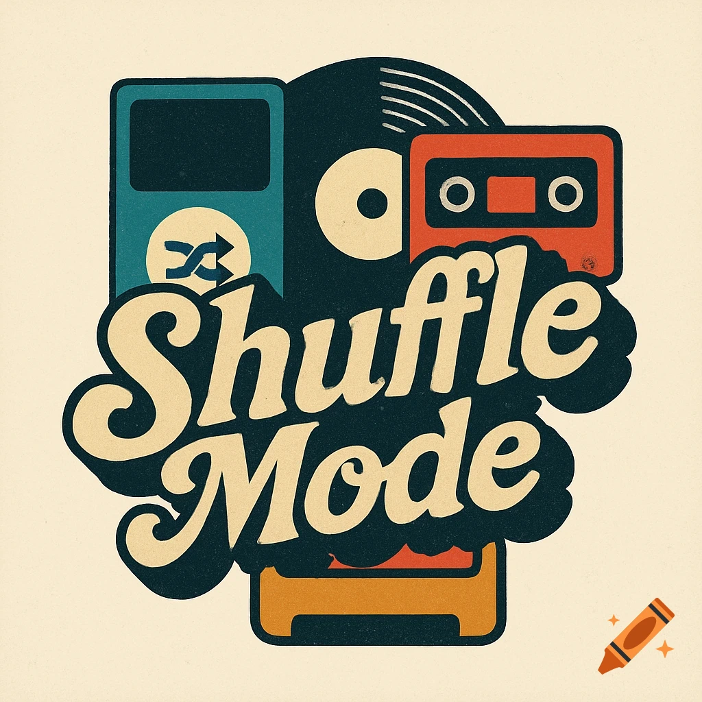 A retro-style logo for "Shuffle Mode" featuring an iPod, cassette tape, and record player, with a distressed vintage finish.