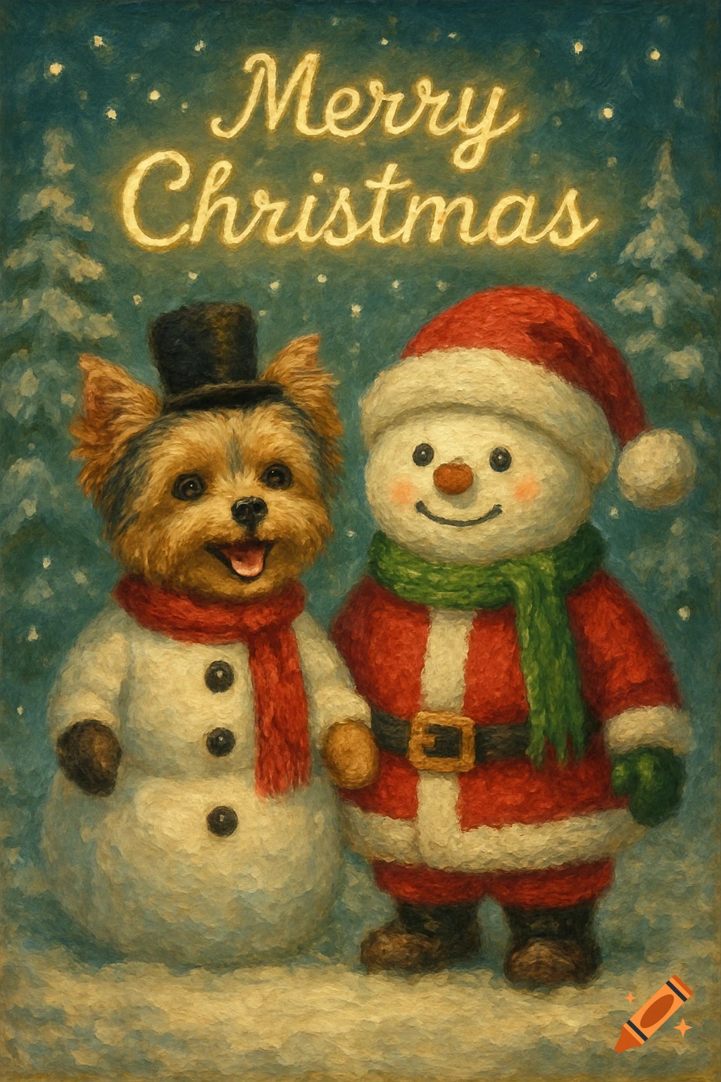 A festive oil painting of a smiling Yorkshire Terrier as a snowman and a snowman in a Santa suit in a snowy scene with 'Merry Christmas'.