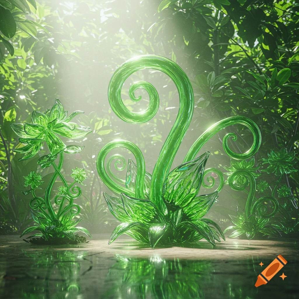 Luminous green glass plants with swirling stems and translucent leaves stand on a reflective surface in a sun-dappled jungle.