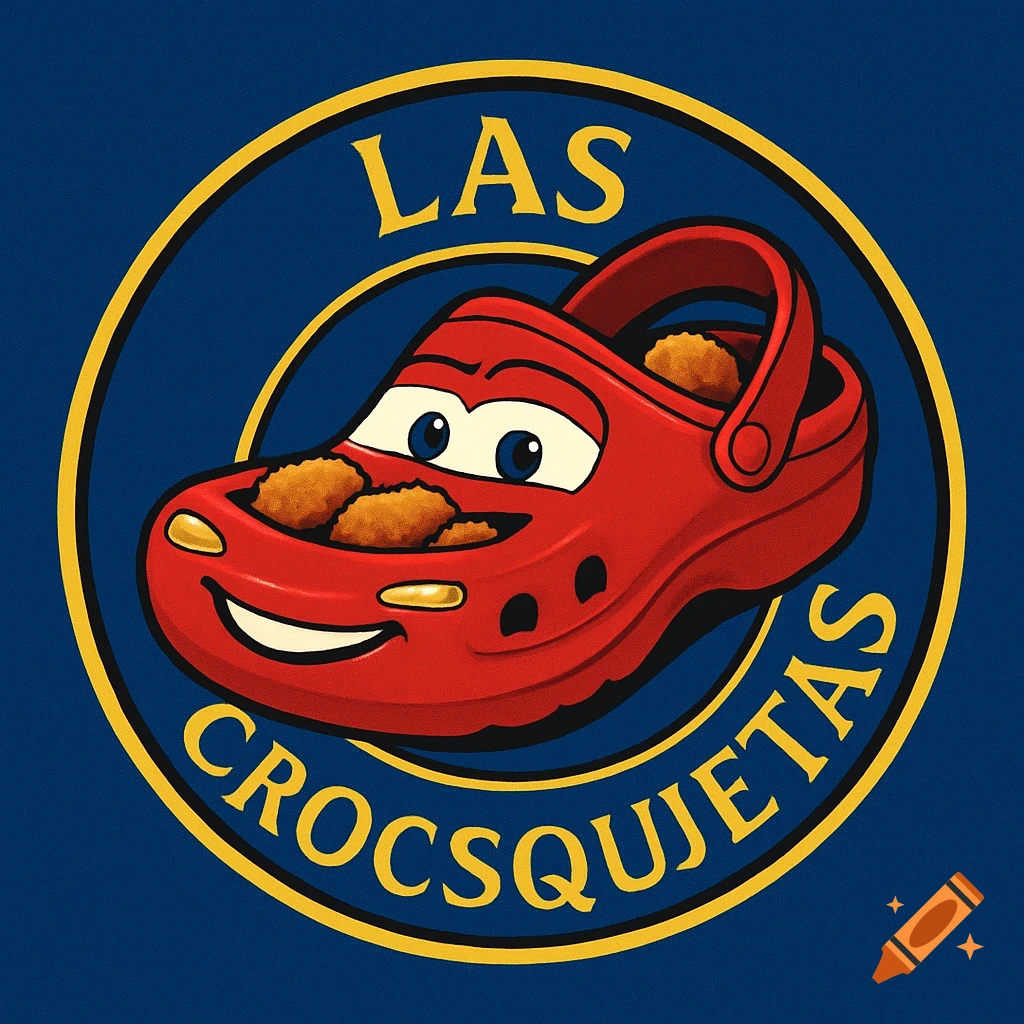 A red cartoon Croc shoe with Lightning McQueen's face, holding croquettes, in a blue and yellow circular logo with 'LAS CROCSQUETAS' text.