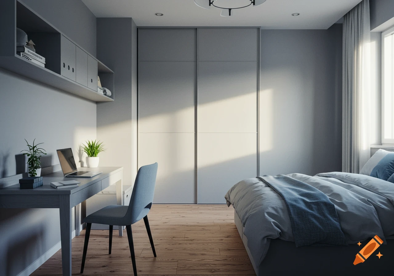 Photorealistic view of a modern bedroom with a desk, laptop, plants, closet, and bed, bathed in sunlight.