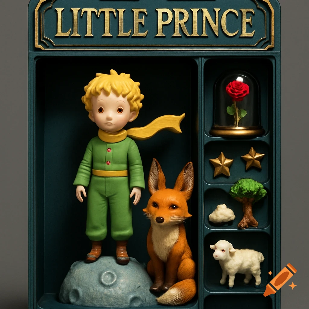 A premium collectible toy display case featuring the Little Prince, fox, rose, stars, tree, cloud, and sheep, with 'LITTLE PRINCE' on top.