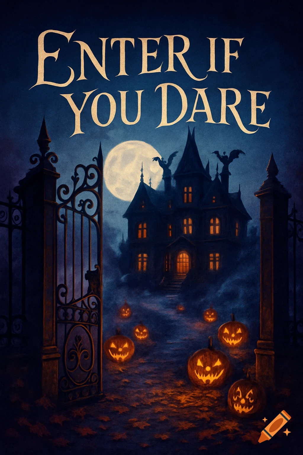 Spooky haunted mansion, glowing full moon, and jack-o'-lanterns through an open gate with 'ENTER IF YOU DARE' text.