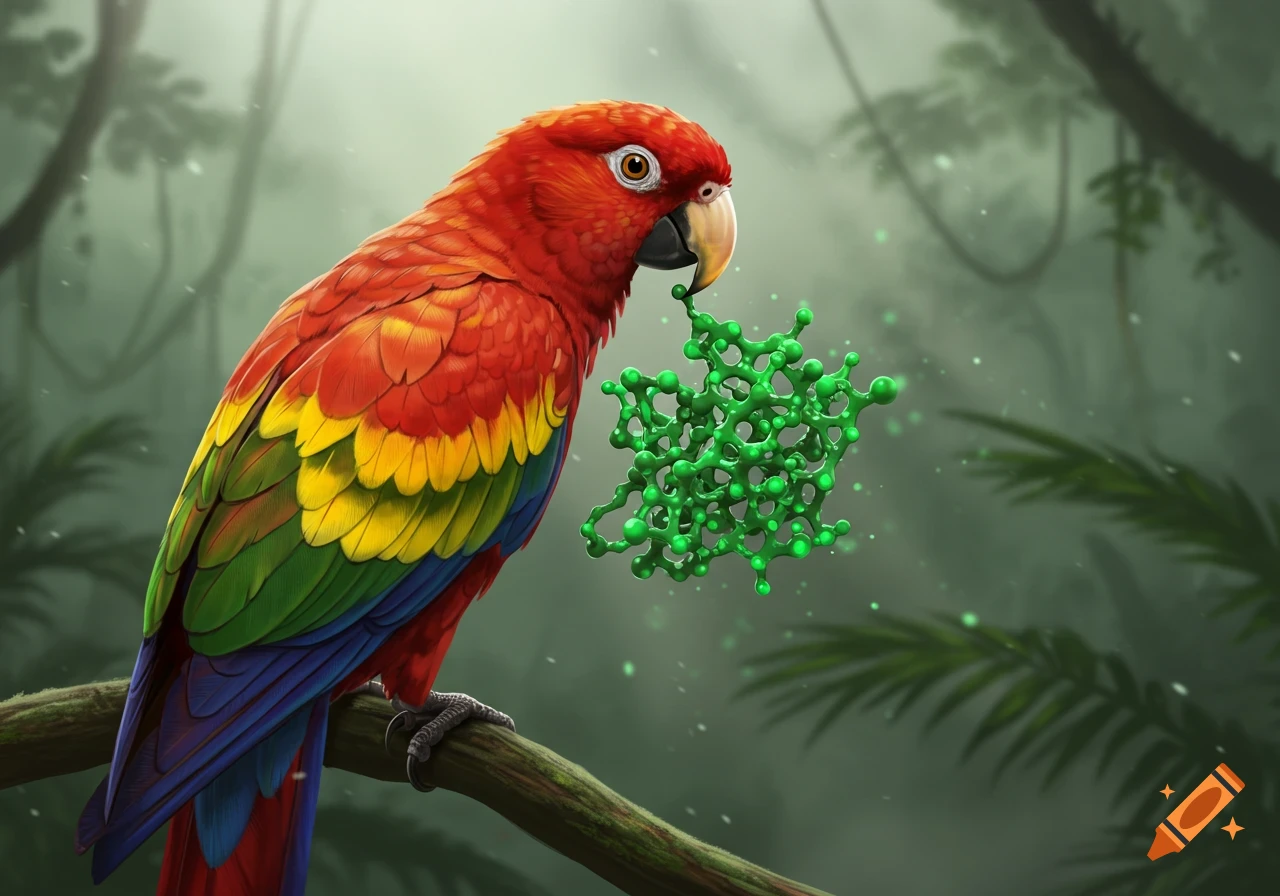 A vibrant red, yellow, and green parrot holds a complex green molecular structure in its beak in a misty jungle.