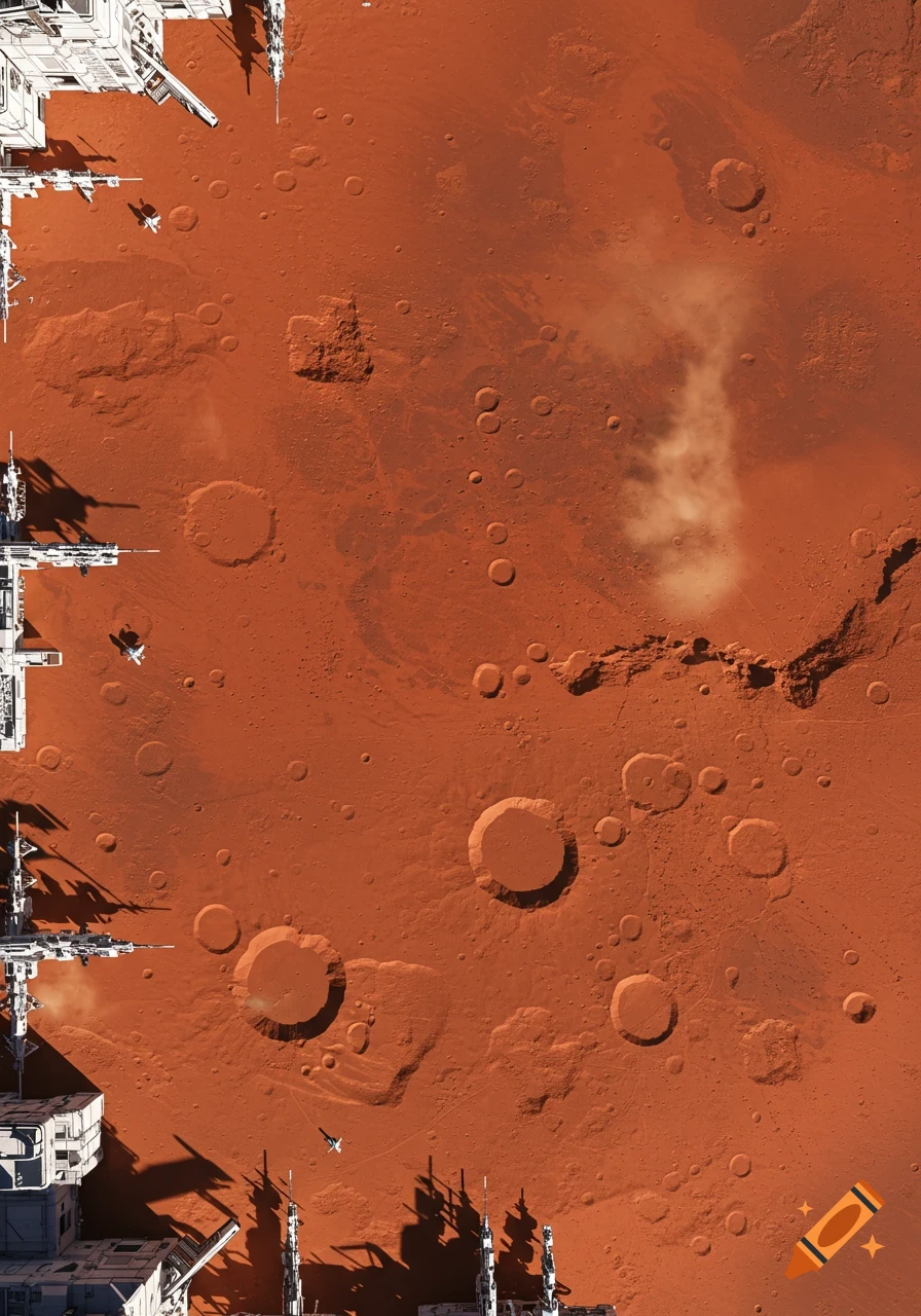 An aerial view of a red Martian landscape with craters and a dust plume, featuring futuristic white space structures and small spacecraft along the edges.