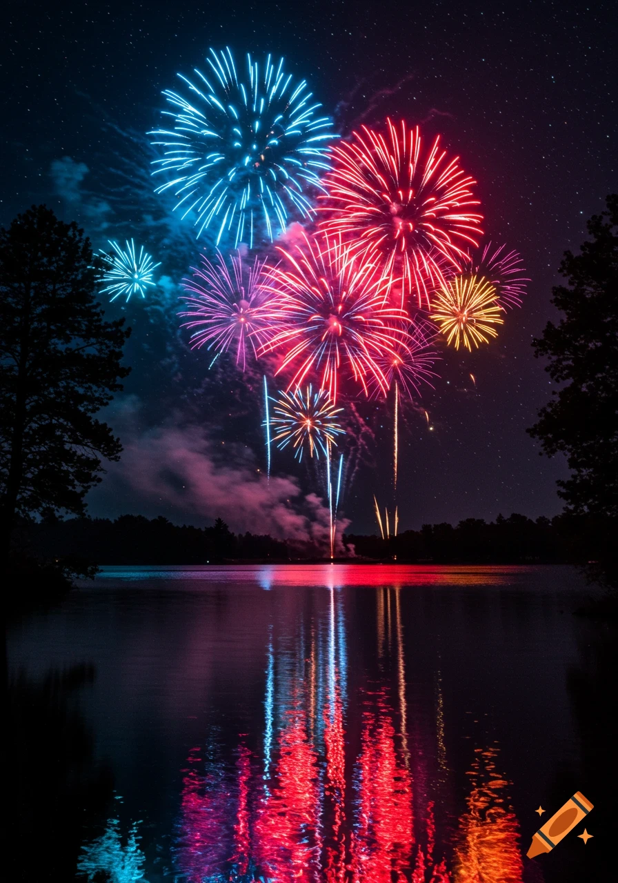 Colorful fireworks burst over a dark lake at night, reflected brightly on the water, with silhouetted trees on the shore.