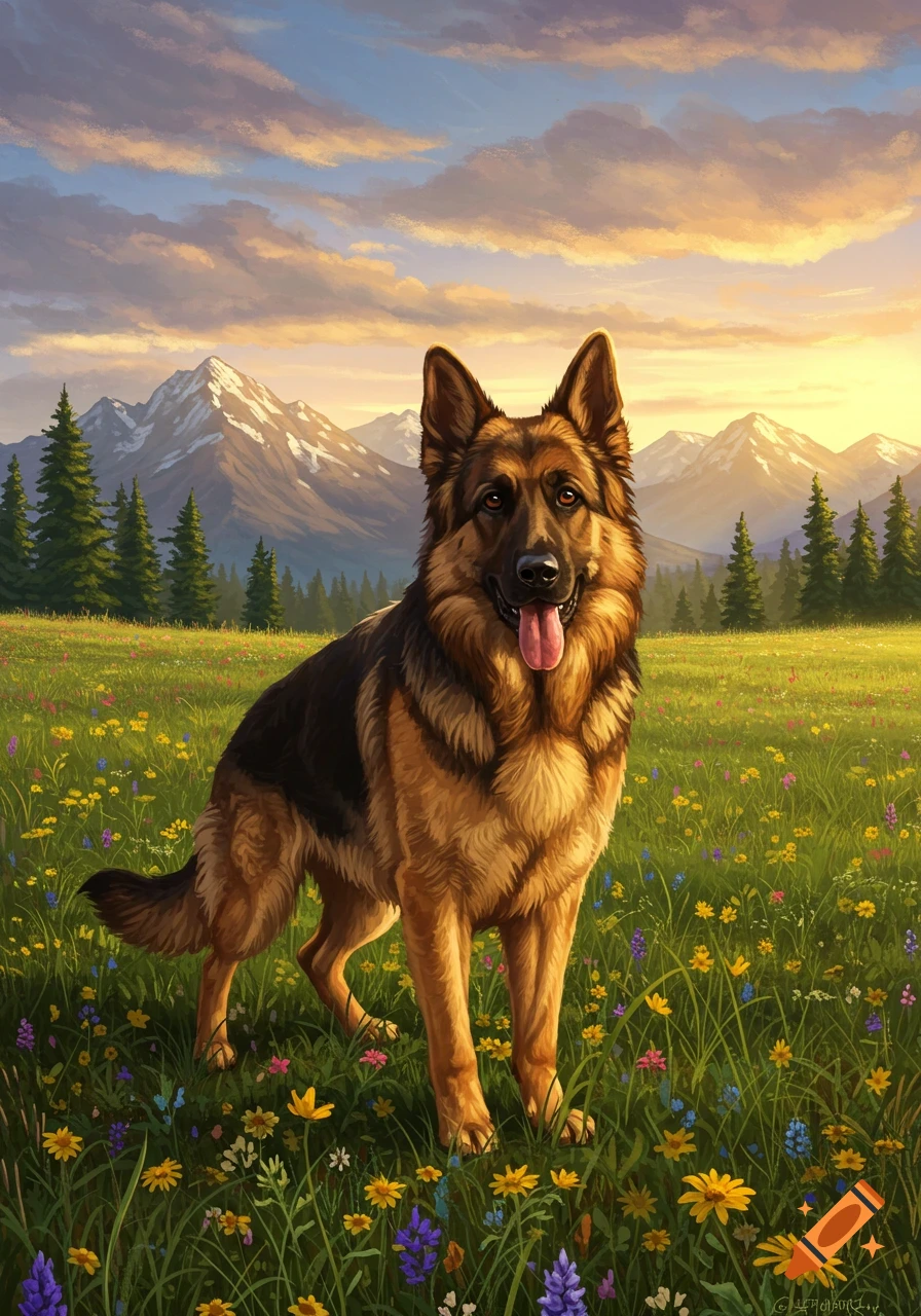A German Shepherd dog stands in a vibrant wildflower meadow with snow-capped mountains and a dramatic sunset sky.