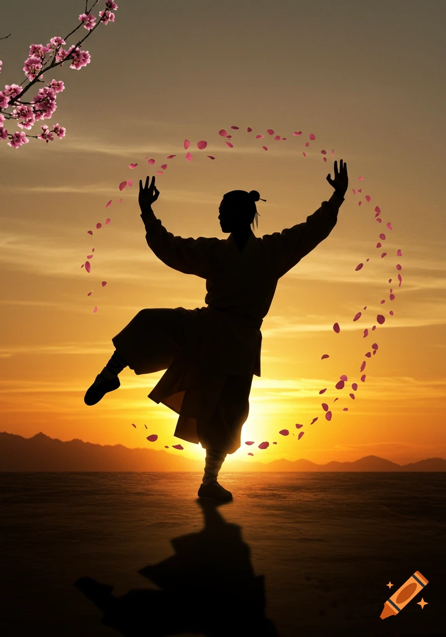 Silhouetted figure in a martial arts pose against a sunset, surrounded by pink petals and cherry blossoms.