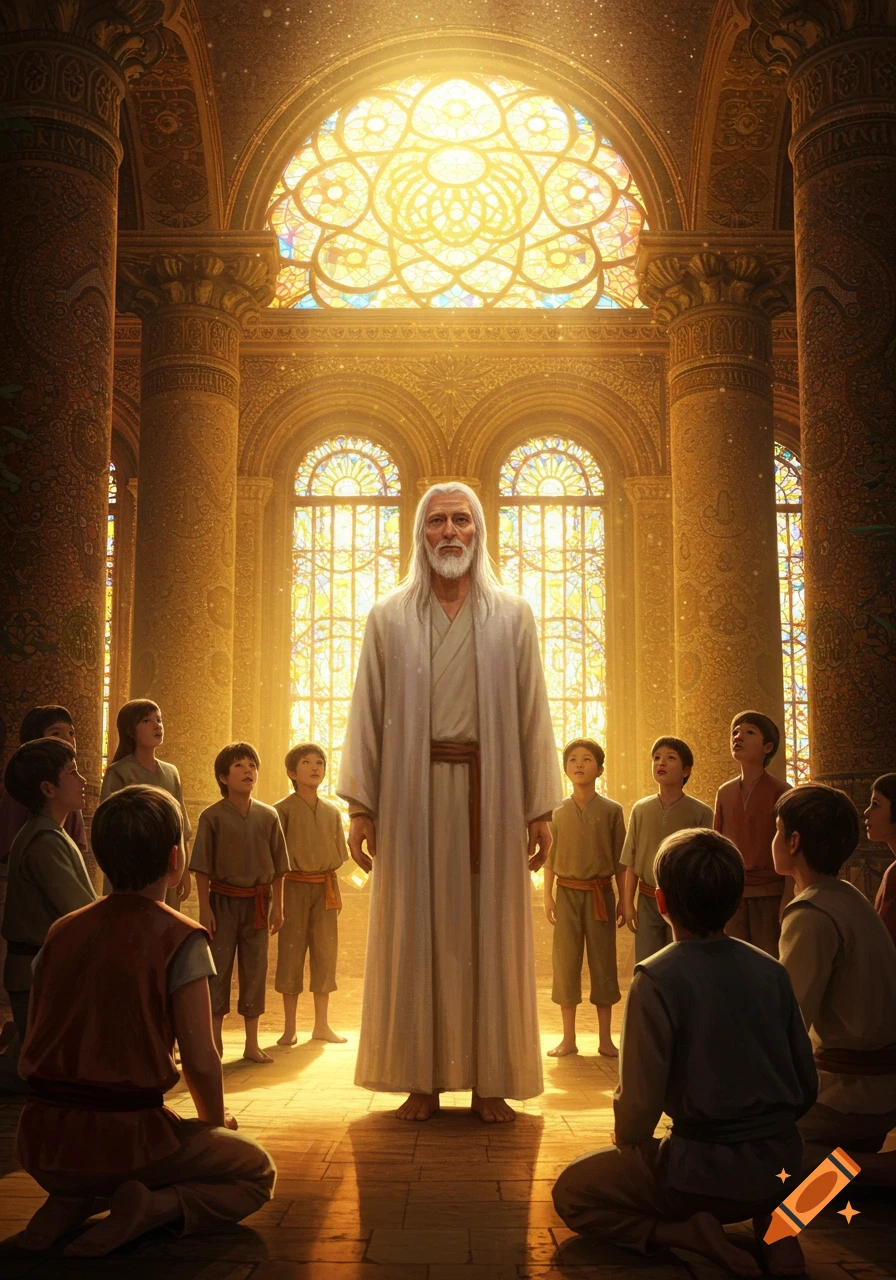 An old, white-bearded man in a white robe stands in a grand hall with golden pillars and glowing stained-glass windows, surrounded by young children.