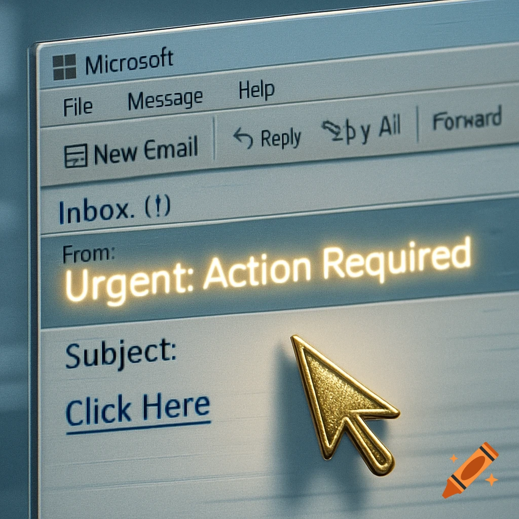 Close-up of a computer screen showing an email inbox with a glowing subject line "Urgent: Action Required" and a golden mouse cursor hovering over "Click Here" in a photorealistic style.