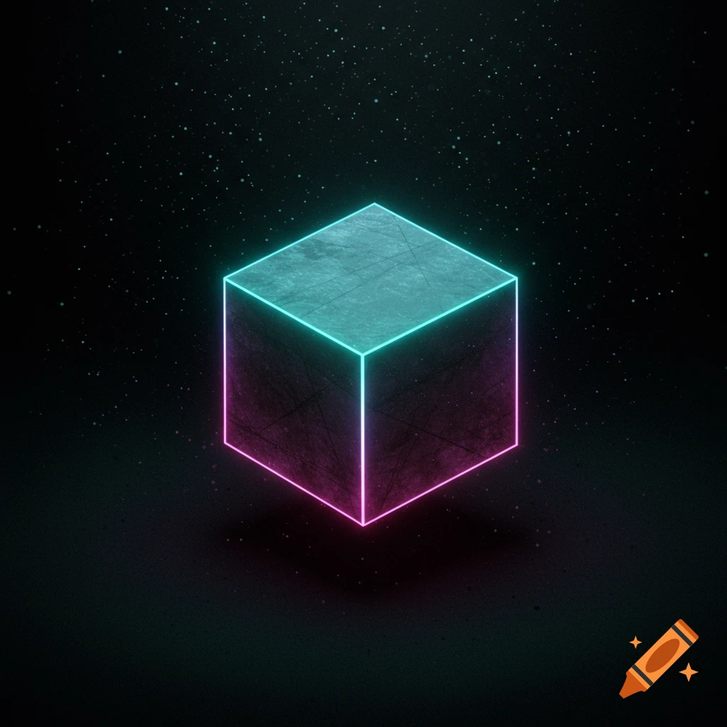 A dark, textured cube with neon teal and magenta outlines floats in a starry void.