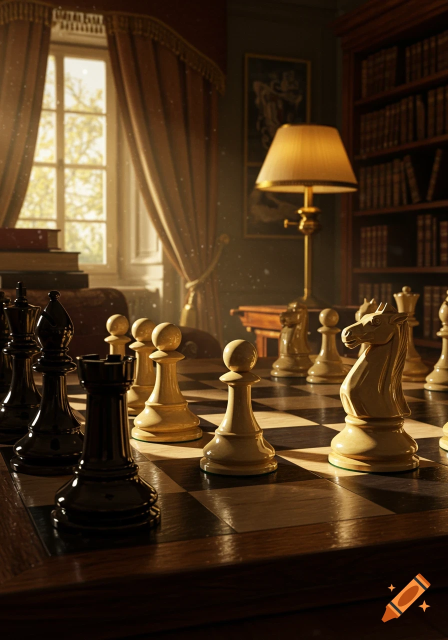 Photorealistic close-up of a chess board with pieces in an elegant, dimly lit room with sunlight through a window.