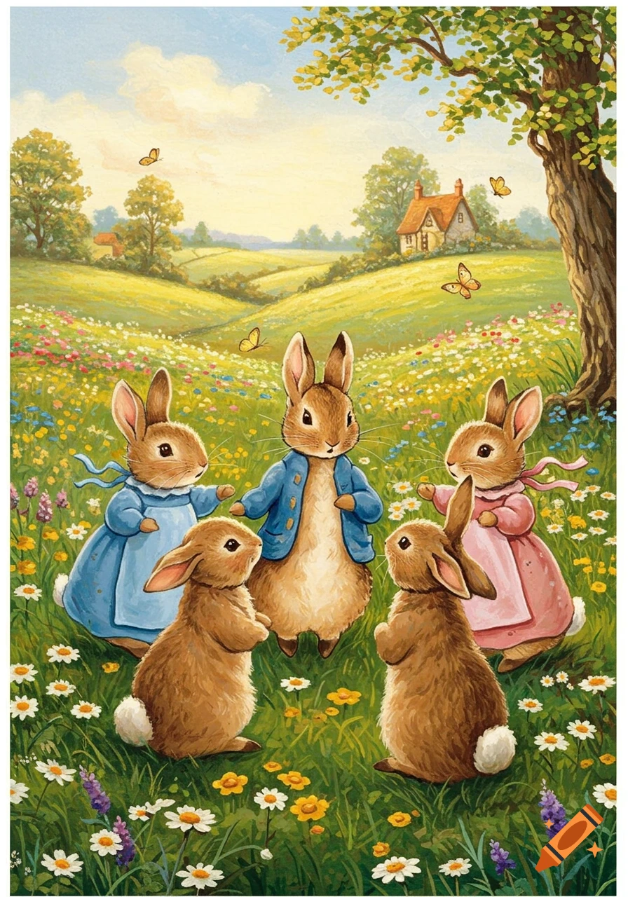 Peter Rabbit and four other bunnies stand in a vibrant, flower-filled green meadow, with a cottage and trees in the background.