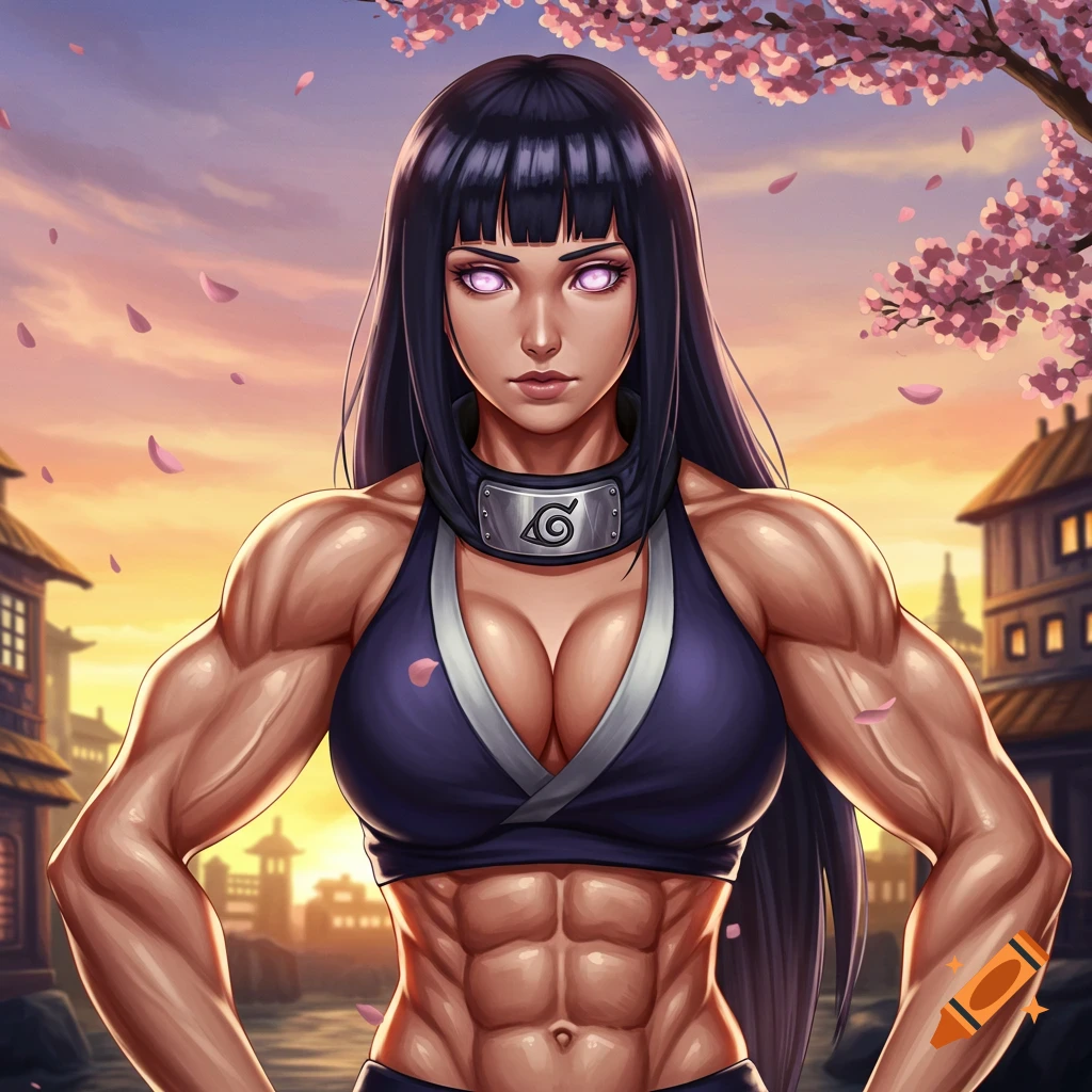Muscular Hinata Hyuga with glowing eyes stands under cherry blossoms at sunset in an anime style.