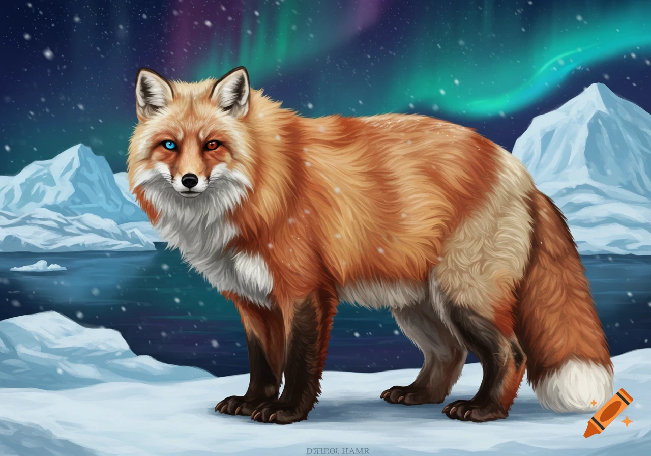 A red fox with heterochromia stands in a snowy arctic landscape under the northern lights, digital illustration.