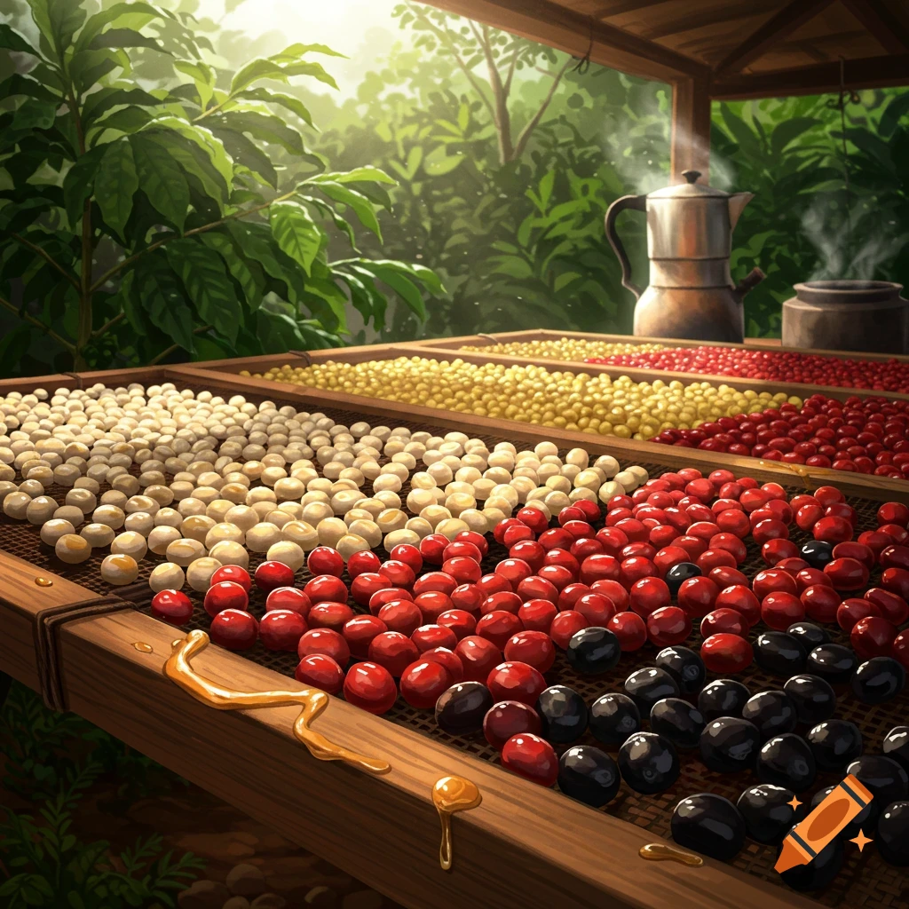 Illustrated coffee beans in white, red, and black drying on trays with honey in a lush outdoor setting, a coffee pot in the background.