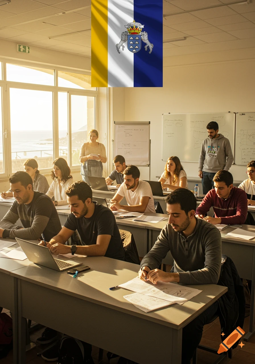 Students work in a sunlit classroom under a large Canary Islands flag, with a teacher standing at the back.