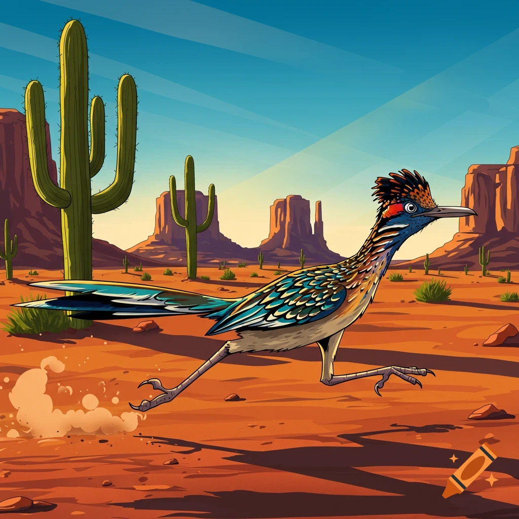 Vibrant cartoon illustration of a roadrunner running through a desert with saguaro cacti and mesas.