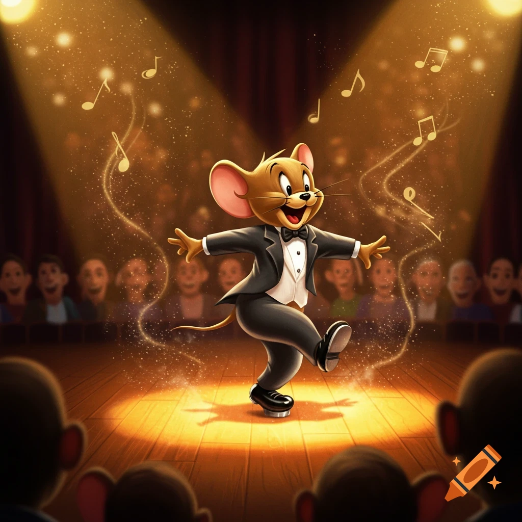 Jerry mouse in a tuxedo tap dancing on a spotlighted stage with musical notes and an audience.