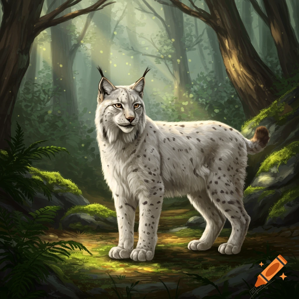 A white and spotted lynx with long hair stands in a sun-dappled green forest with tall trees.