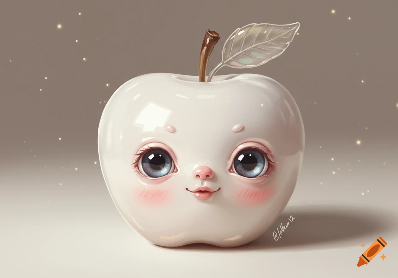 A cute, glossy white apple character with big blue eyes, a small smile, pink cheeks, and a leaf, on a soft background.