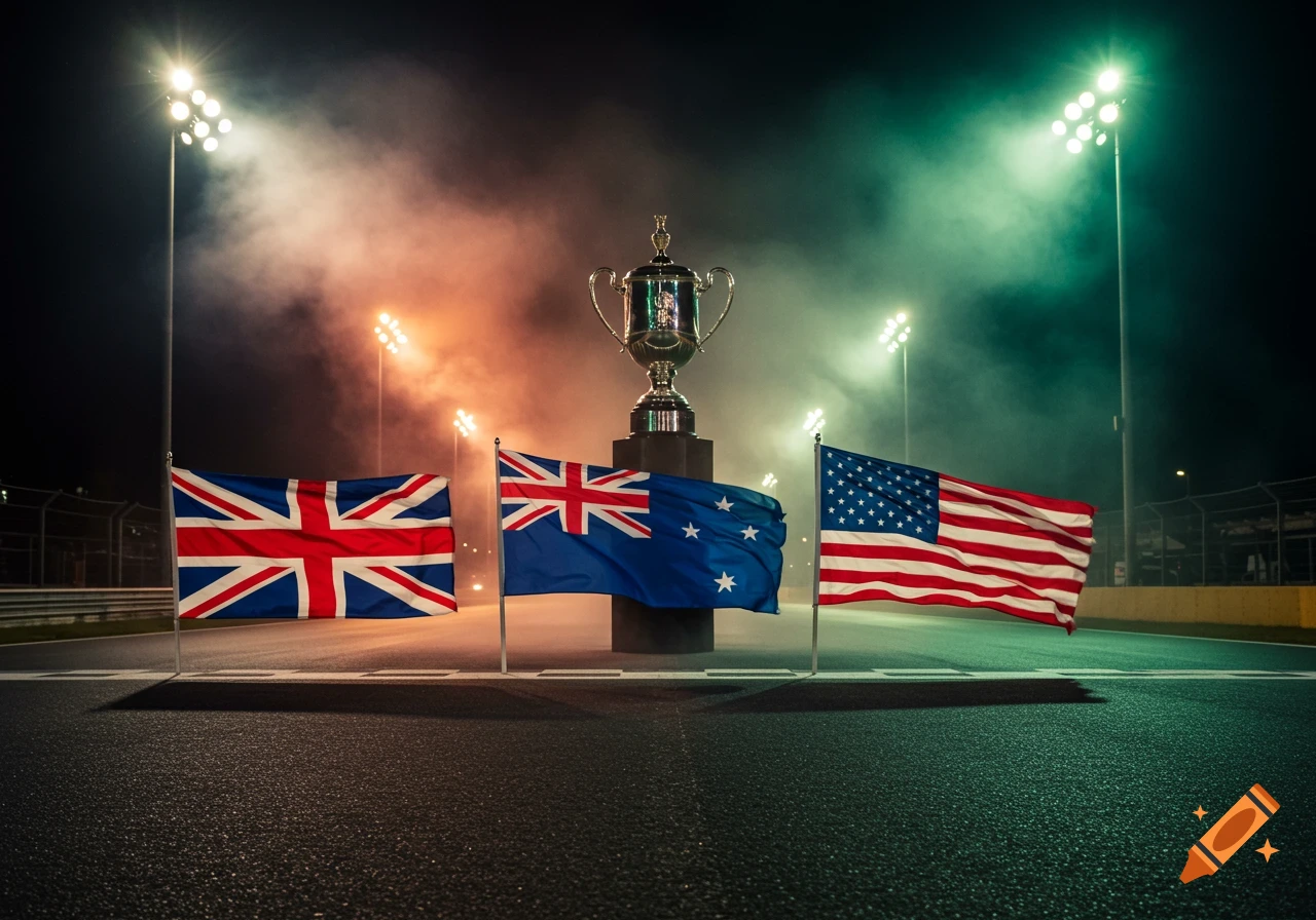 British, New Zealand, and American flags on a race track at night, with a trophy under stadium lights.