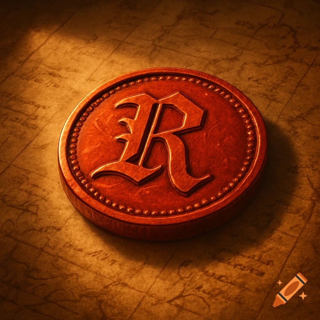 A red, antique-style coin with an embossed 'R' in a medieval font, resting on an old, textured map.