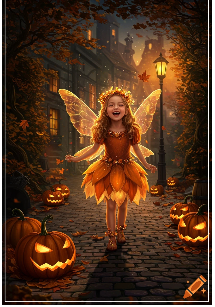A cheerful young fairy girl with glowing wings and an autumn leaf dress walks on a cobblestone path, surrounded by jack-o'-lanterns and fallen leaves, in a magical village at dusk.