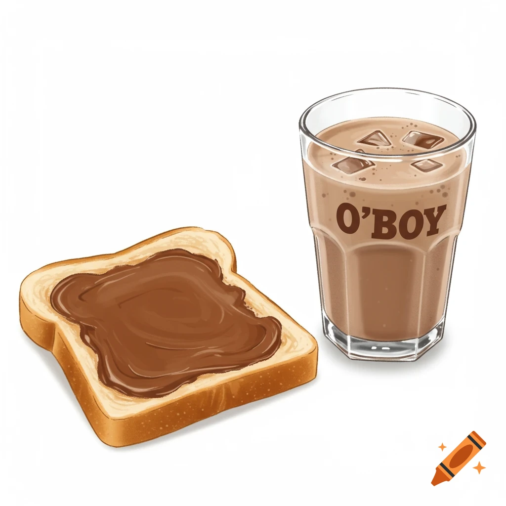 An illustration of a slice of toast with chocolate spread next to a glass of chocolate milk with ice cubes, labeled "O'BOY", on a white background.