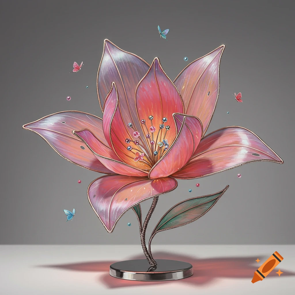 An artistic wire flower with translucent pink and purple petals, a metallic stem, and a base. Tiny sparkling beads and butterflies float around and within the bloom, which sits on a reflective pedestal.