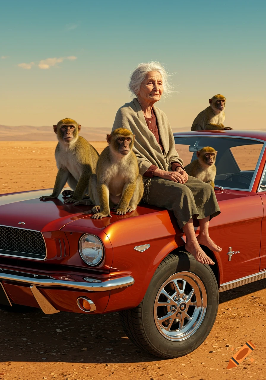 An old woman sits barefoot on the front fender of a red Ford Mustang with several monkeys on and around the car in a desert.