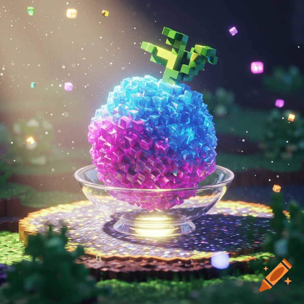 A vibrant blue and pink pixelated fruit with a green stem sits in a glass bowl on a glowing platform in a magical, blocky forest.