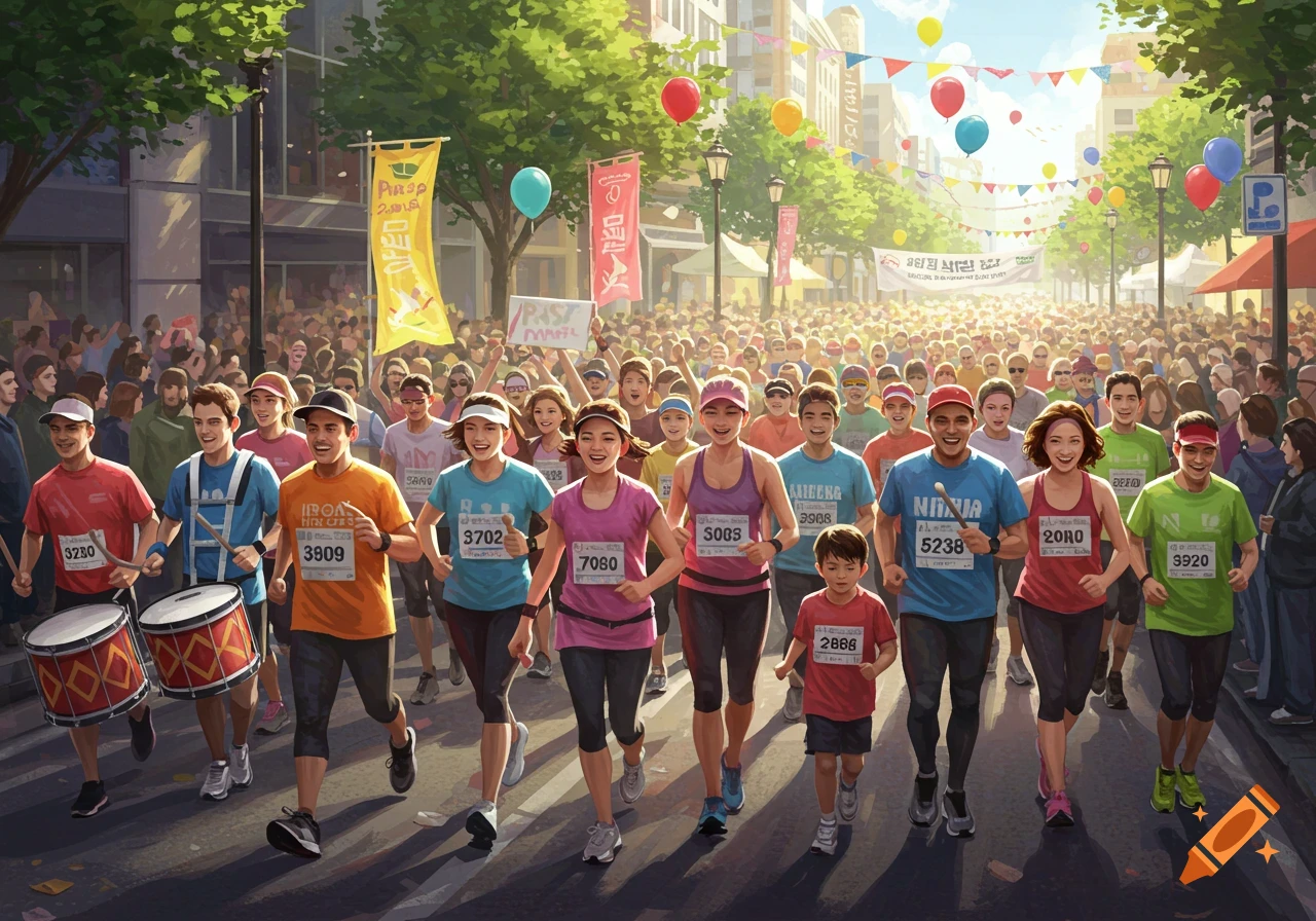 A vibrant street scene of a large group of diverse people participating in a running race, with some carrying drums, under banners and balloons.